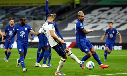 Erik Lamela scores Tottenham’s equaliser to take the game to a penalty shootout.