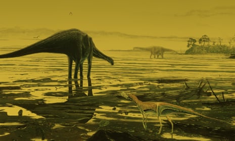 An artist’s impression of primitive sauropods wading in the Scottish lagoon. 