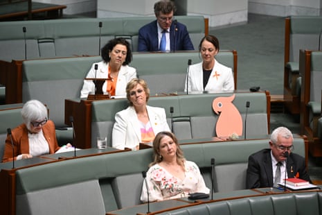 A cutout orange cockatoo placed on the seat of Independent member for Indi Helen Haines in the House of Representatives at Parliament House in Canberra, Monday, 26 October, 2026.
