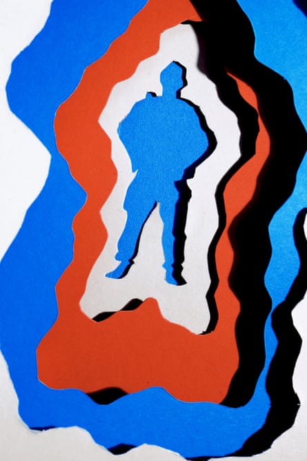 Red, white and blue layered paper cutout of an ICE agent