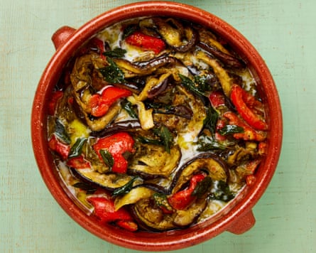 Yotam Ottolenghi’s aubergine and red pepper pahi with fenugreek and curry leaf oil.