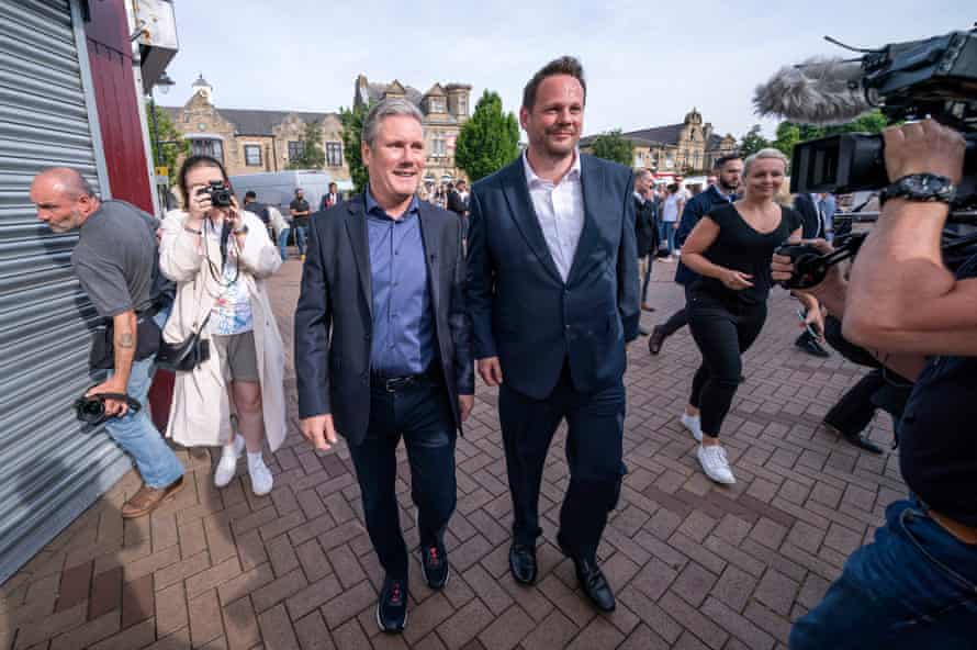 Keir Starmer (in left) in Wakefield this morning, with the new Labour MP for the city, Simon Lightwood