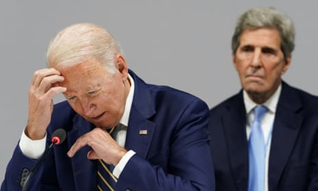 Joe Biden with John Kerry in Glasgow on Monday. The US was clearly piqued at how little Kerry’s diplomacy had done to extract deeper emissions cuts from leading carbon polluters.