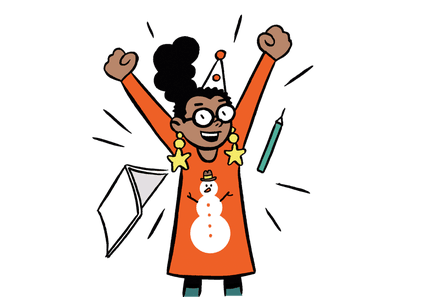 Illustration d'une femme portant un pull et un chapeau de Noël, les bras levés, l'air heureux