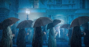 Creative category runner-up  ‘Lonely men walk lonely cities’ features a group of men, faces obscured by umbrellas walking on a rainy night