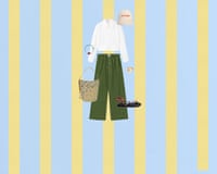 A composite image of a cropped white shirt, beige baseball cap with 'Pizza Tonight?' logo, dark green cotton trousers, blue bracelet with large red bead, beige paisley print bucket bag, gold ring and red tie sandals on a blue and yellow vertically striped background.