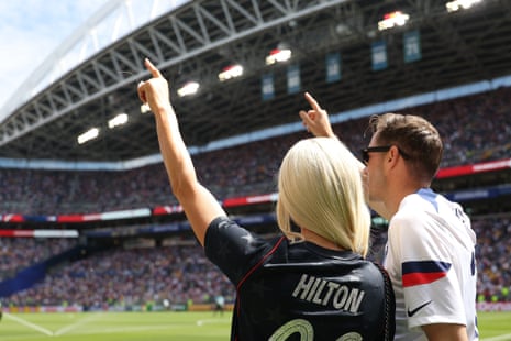 Paris Hilton sports a bedazzled jersey at the USA-Australia match.