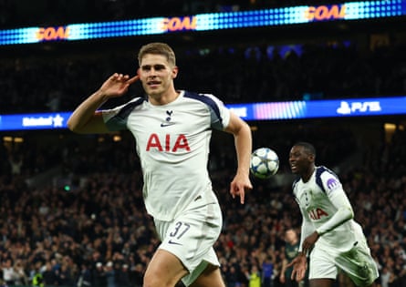 Tottenham’s Micky van de Ven celebrates after dribbling the length of the pitch and scoring against Copenhagen.