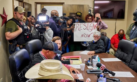 People form Idabel, Oklahoma, call for the resignation of several McCurtain county officials at a meeting on 17 April, in a photo provided by the Southwest Ledger.