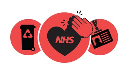 Three red interconnecting circles with a recycling bin motif one one, a heart with NHS on it and clapping hands, and a ID lanyard in the other