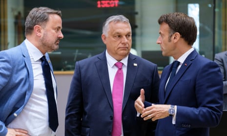 Luxembourg prime minister Xavier Bettel (left) talking with the Hungarian prime minister Viktor Mihaly Orban and the French president Emmanuel Macron (right) prior to the summit.  