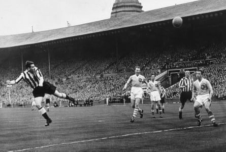 The Manchester City defenders can only stop and stare as Newcastle United’s Jackie Milburn (left) heads home to score his first-minute goal in the 1955 FA Cup final.