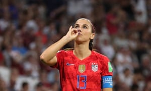 Alex Morgan celebrates scoring against England in USA’s World Cup semi-final win by mimicking sipping a cup of tea.