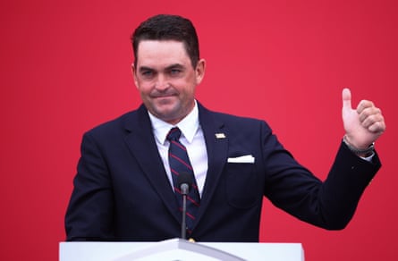 Keegan Bradley speaks during the opening ceremony