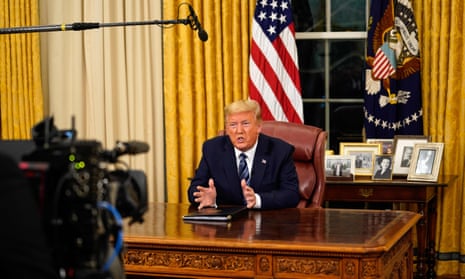 US-POLITICS-HEALTH-VIRUS-TRUMP<br>US President Donald Trump addresses the Nation from the Oval Office about the widening novel coronavirus (Covid-19) crisis in Washington, DC on March 11, 2020. - President Donald Trump announced on March 11, 2020 the United States would ban all travel from Europe for 30 days starting to stop the spread of the coronavirus outbreak. “To keep new cases from entering our shores, we will be suspending all travel from Europe to the United States for the next 30 days. The new rules will go into effect Friday at midnight,” Trump said in an address to the nation. (Photo by Doug Mills / POOL / AFP) (Photo by DOUG MILLS/POOL/AFP via Getty Images)