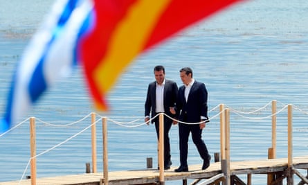 Macedonian prime minister, Zoran Zaev, left, with Greek prime minister, Alexis Tsipras