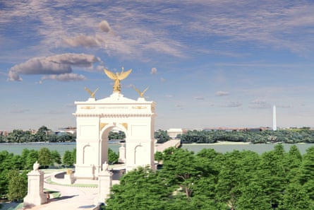 Massive, thick, white stone arch with gold winged creature on top, looking over river toward Washington Monument on other side.