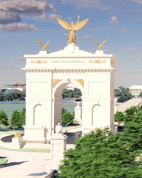 Rendering of Trump's proposed 'Independence Arch,' a white arch with golden angel statues