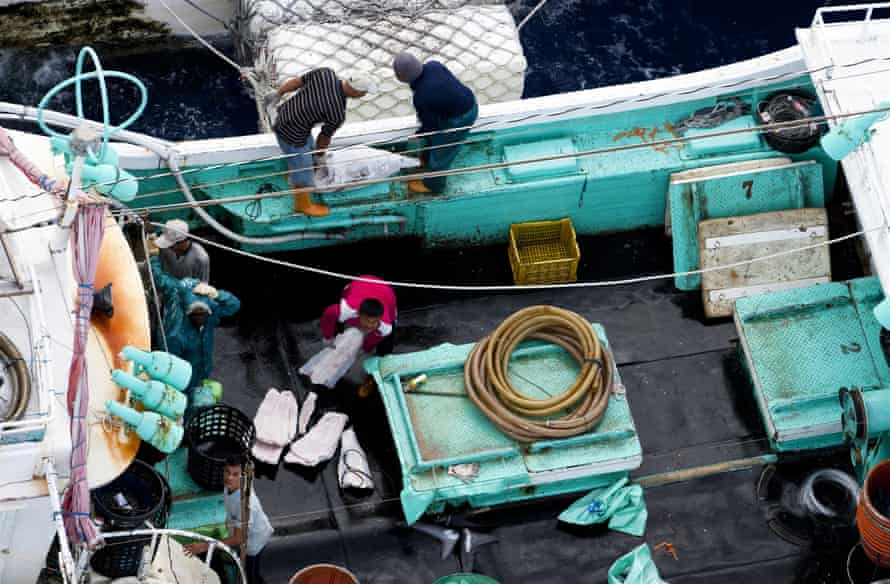 Longline fishing vessels caught illegally transferring fish at sea.