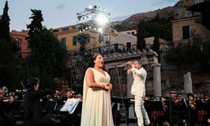 Georgian mezzo-soprano Anita Rachvelishvili (C) performs during a concert organised by the Greek National Opera at the ancient Roman Agora in Athens on July 18, 2020.
