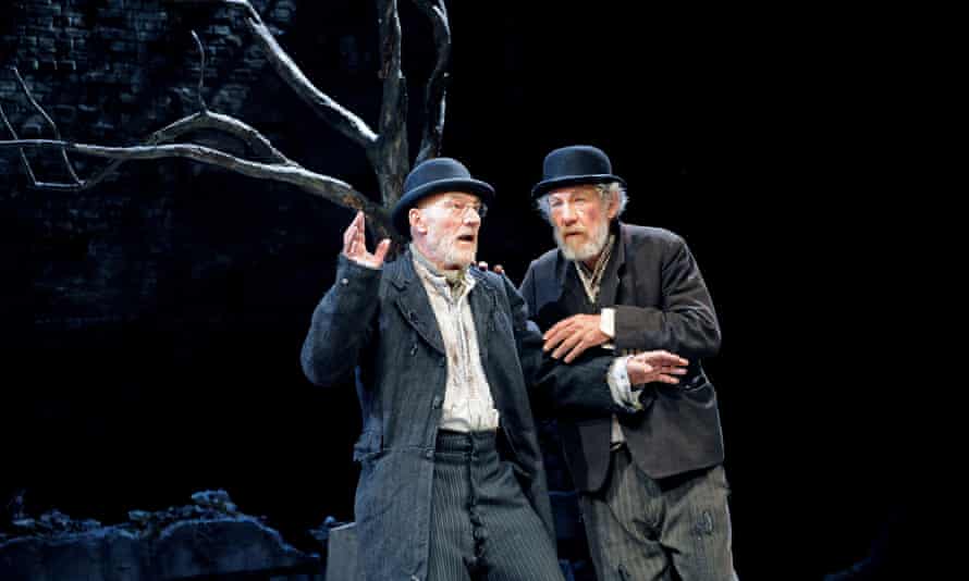 Patrick Stewart as Vladimir and Ian McKellen as Estragon in Waiting for Godot at the Theatre Royal Haymarket, London, in 2009.