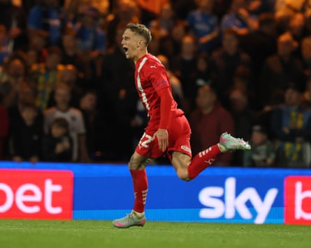 Ethan Galbraith celebrates scoring the winning penalty in Leyton Orient’s shootout playoff semi-final victory over Stockport County.