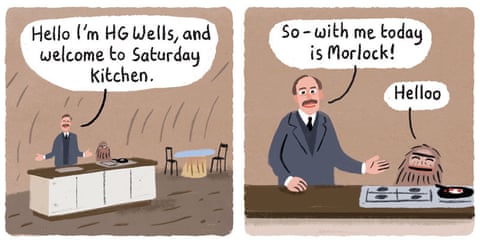A series of Stephen Collins cartoon images about HG Wells and a Morlock , panel 1