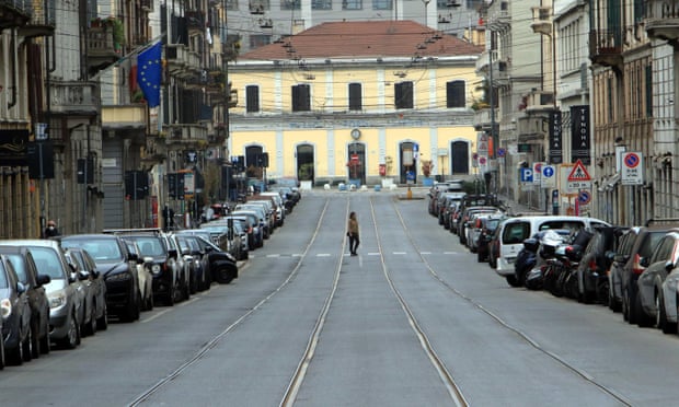 A deserted street in Milan during the coronavirus lockdown. Italy has been in lockdown for nearly three weeks