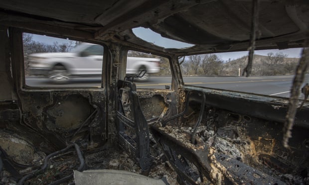 A car that was destroyed by the Whittier Fire on Sunday near Santa Barbara, California.