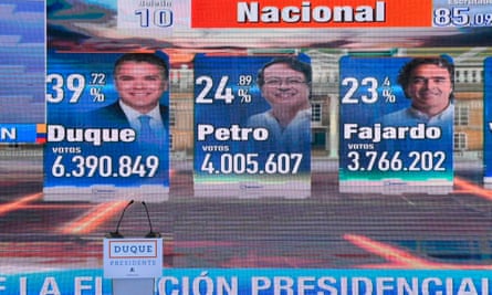 Preliminary results of the first round of Colombian elections seen on a TV screen.
