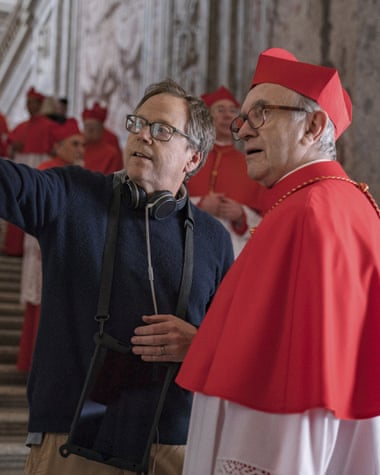 Director Fernando Meirelles and Jonathan Pryce as Pope Francis during the filming of ‘The Two Popes’.