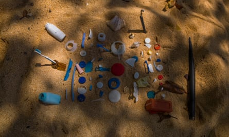 Plastic rubbish laid out on the beach