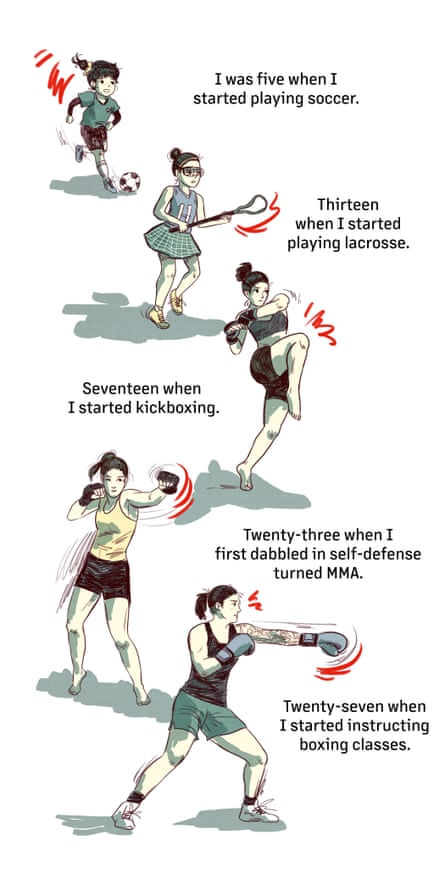 A series of images showing the author growing up, playing soccer, lacrosse, kickboxing, MMA and boxing.