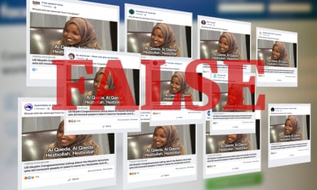 Identical Facebook posts attacking US senator Minnesota Democrat Ilhan Omar across alt-right Facebook accounts.