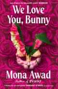 Book cover showing a rabbit-shaped floral mask on a dark pink rose background