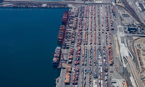 Ships wait to be offloaded at the Port of Long Beach in California. Similar backlogs exist at ports in New York and Savannah, Georgia.