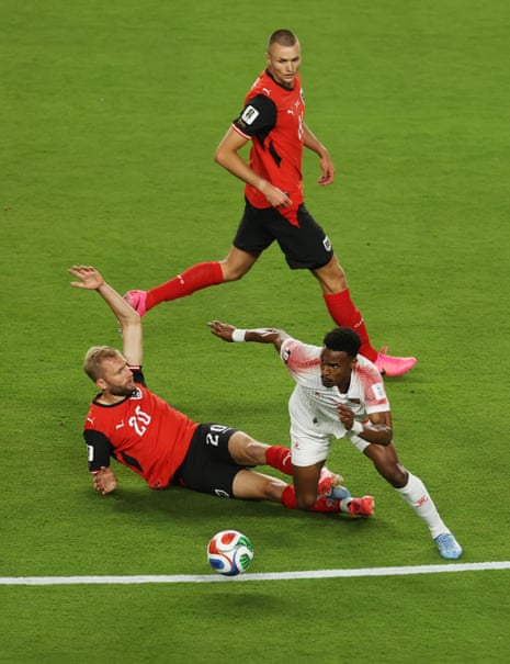 Abdallah Nasib of Jordan controls the ball against Konrad Laimer of Austria