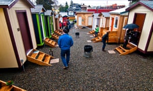 The tiny house village in Seattle. The structures, which are funded by a variety of donors, cost about $2,300 to build, and the labor is often provided free of charge by students at local trade schools.