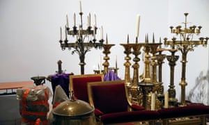 Religious artefacts that were saved from Notre-Dame cathedral are stored in a room of the Paris City Hall on April 16, 2019.