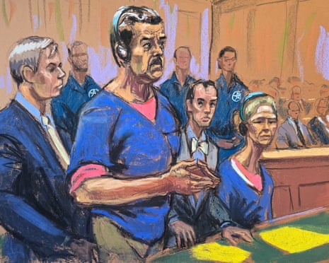 Nicolás Maduro (second left) and his wife Cilia Flores (right) in a courtroom sketch