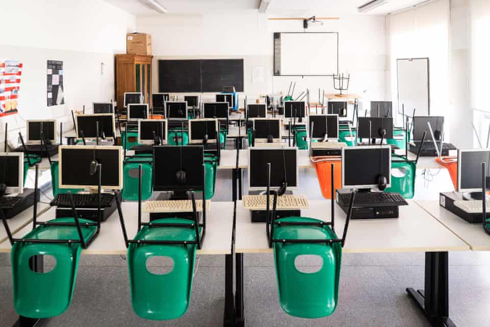 An empty classroom in Milan in April 2020