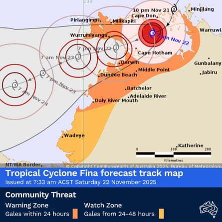 The BoM’s latest cyclone tracking map, which shows Severe Tropical Cyclone Fina is getting closer to Darwin.
