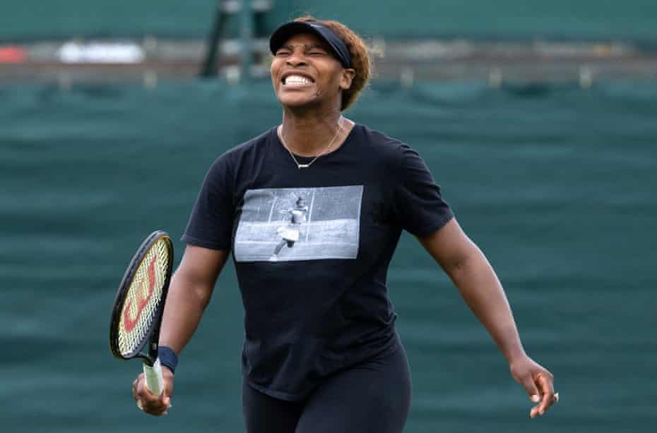 Serena Williams practises on the eve of Wimbledon.