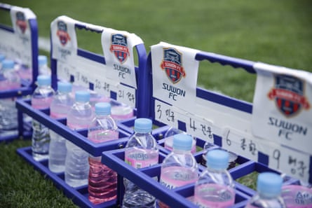 Personalised water bottles at the Incheon United v Suwon FC practice match.