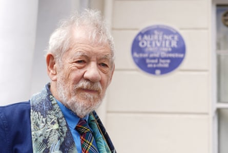 Ian McKellen unveils a blue plaque at the childhood home of Laurence Olivier at Lupus Street in Pimlico, London.