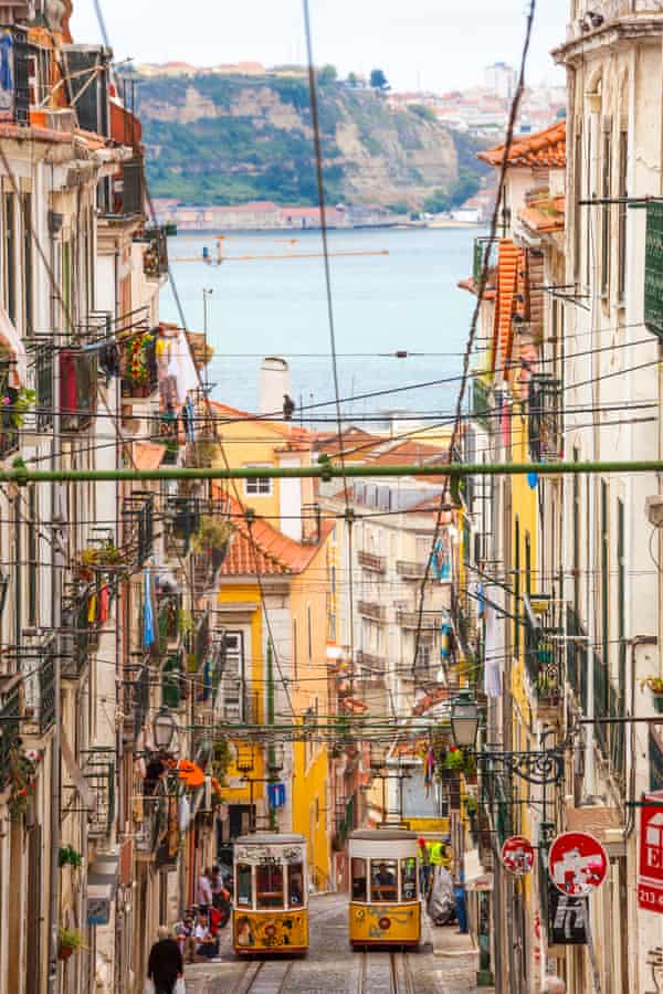 Trams in the hilly Bairro Alto district of Lisbon.