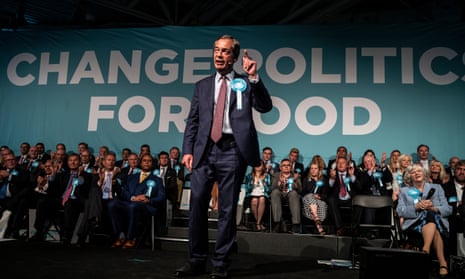 Nigel Farage speaking at a Brexit party rally at Olympia in London last night