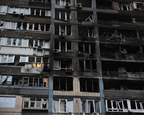 A general view shows a residential building damaged during massive Russian drone and missile strikes in the Ukrainian capital Kyiv on 10 October 2025, amid the Russian invasion of Ukraine.
