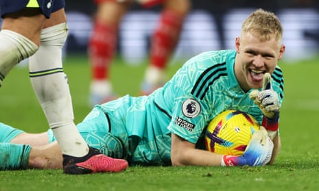 Aaron Ramsdale reacts after making a save against Tottenham
