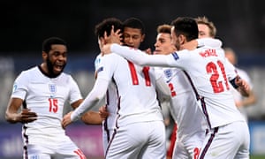 Curtis Jones (No 17) celebrates with his teammates after putting England 2-0 up.